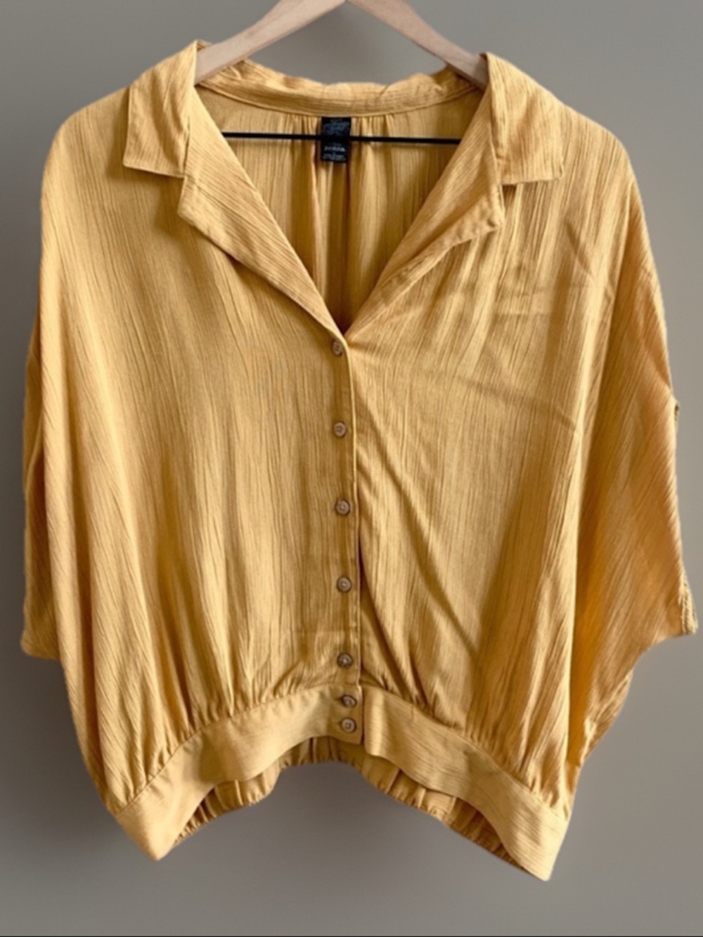 PrAna Top Permilia Modal Gold Mustard Yellow  Boho Boxy Relaxed Dolman Sleeve L